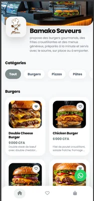 Aperçu du menu digital AfricaMenu avec plats et prix sur smartphone.